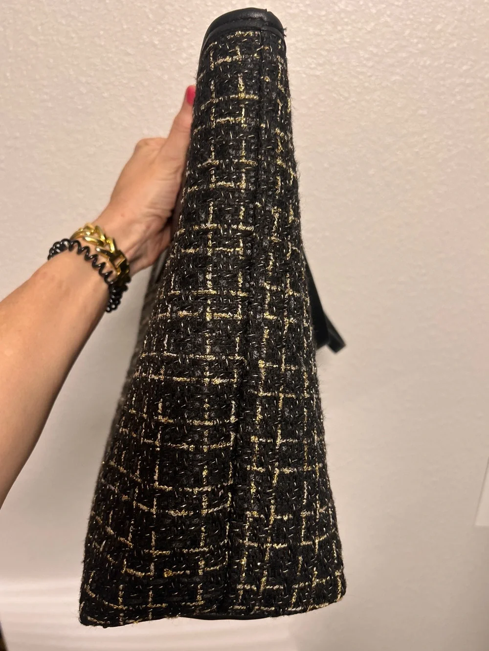 Badgley Mischka New York Tweed Black & Gold Tote Bag with Snap Closure New